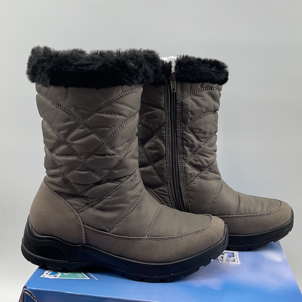Easy Street Womens Gray Quilted Faux Fur Trim Winter Boots Side Zip Mid Calf